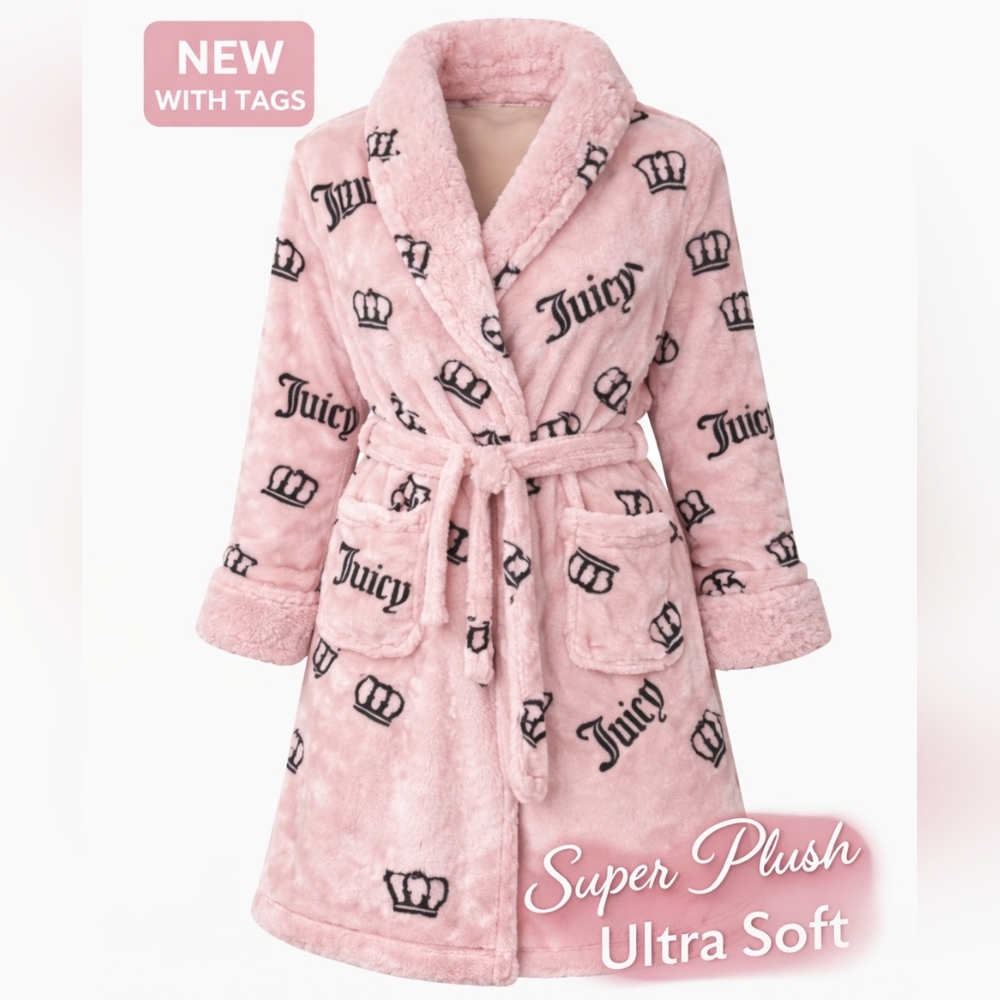 Juicy Couture Plush Pink Logo Robe – Ultra Soft Cozy Glam Spa Lounge (S/M-L/XL) - Picture 6 of 6